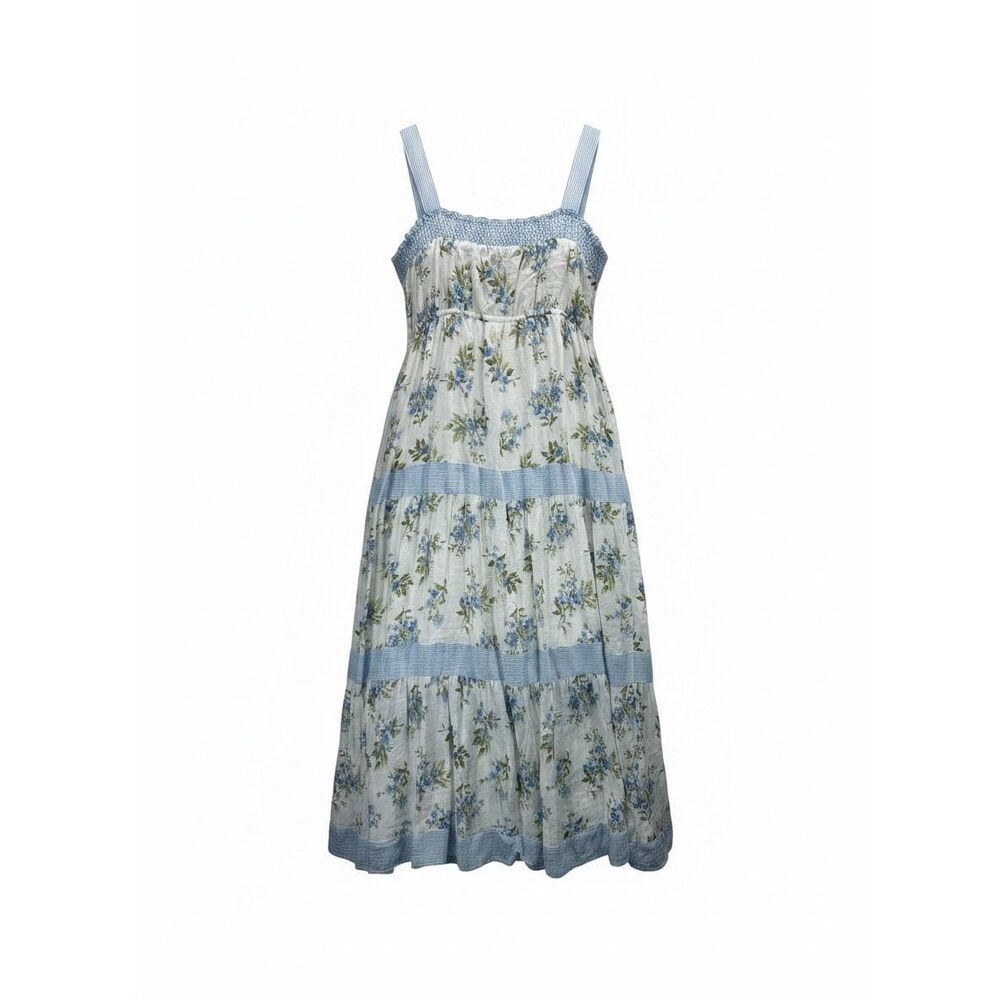 Sweet Wanderer Blue Floral Stripe Tiered Prairie, Boho Cottagecore Midi Dress L